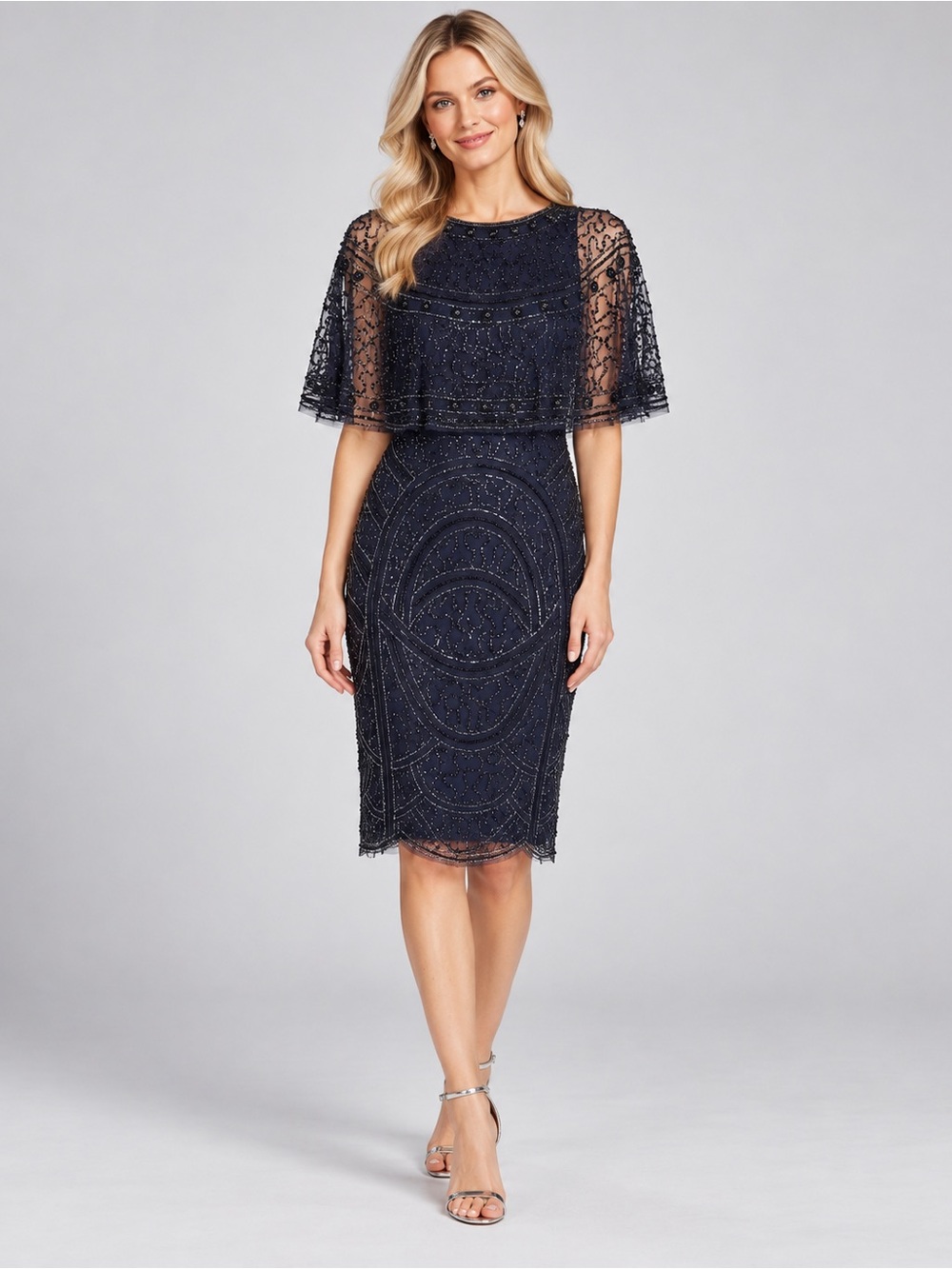 Adrianna Papell SZ 4 Navy Beaded Cape Sleeve Cocktail Sheath Midi Dress NWT GALA